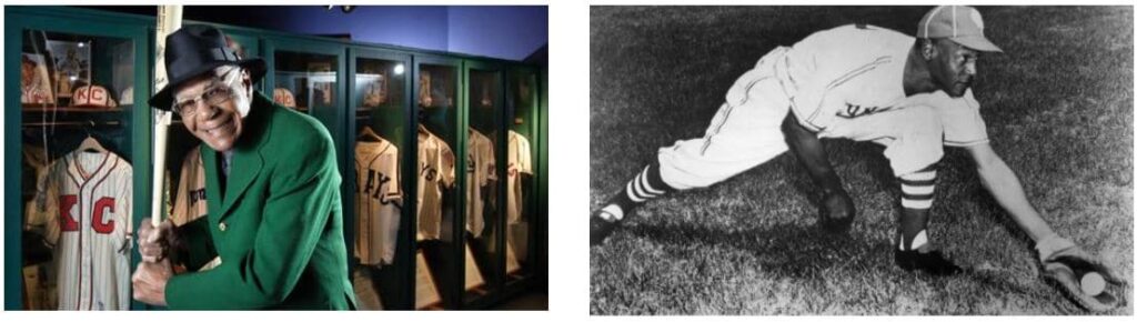 Left image: An elderly man in a green jacket poses with a baseball bat in front of a display of vintage baseball jerseys. Right image: A black-and-white photo of a baseball player in a crouched position, wearing a uniform and cap, ready to catch the ball.