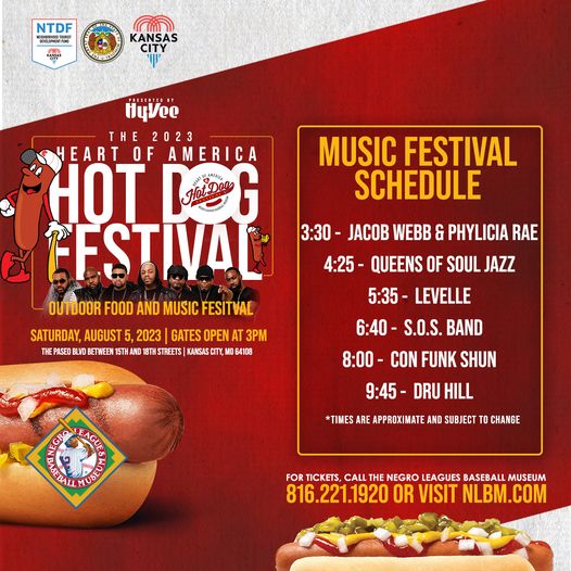 Promotional poster for the 2023 Heart of America Hot Dog Festival. Features music festival schedule with performances from 3:30 PM to 9:00 PM, contact info, and event details. Includes cartoon hot dog characters and sponsor logos.