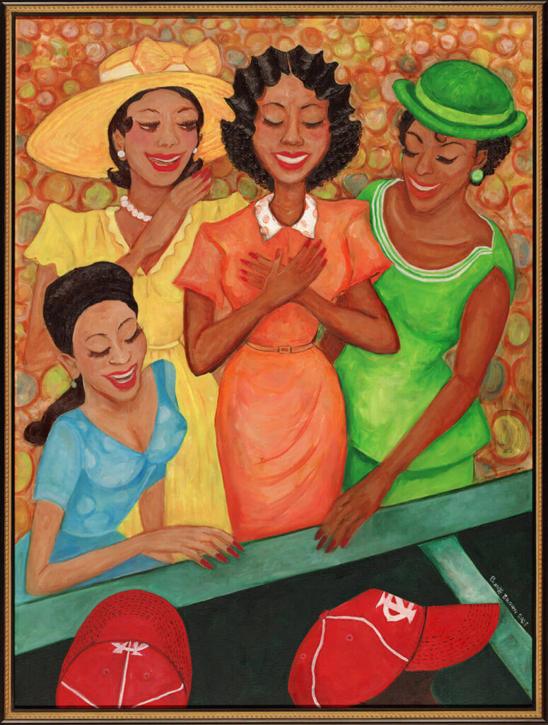 A vibrant painting of four women in colorful dresses and hats, standing joyfully. Three red hats with a white M emblem are on the table. The background has an abstract pattern. The women have one hand on their hearts, smiling warmly.