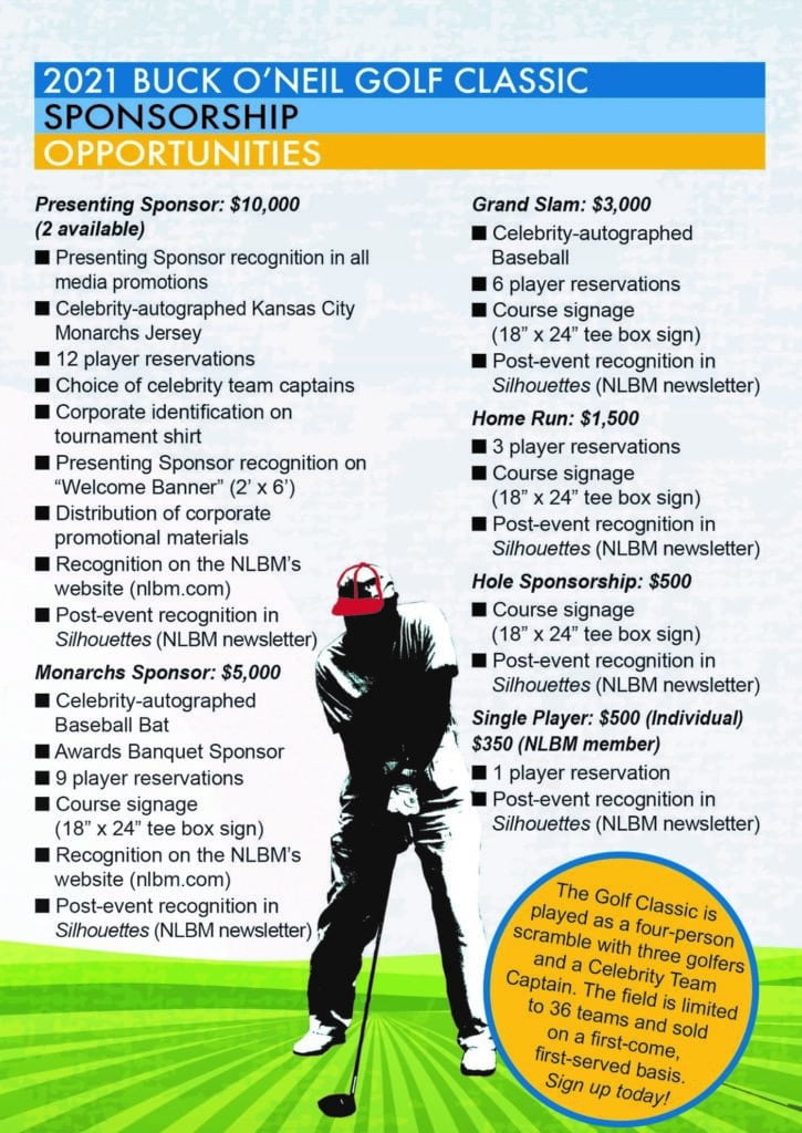 Graphic for the 2021 Buck ONeil Golf Classic Sponsorship Opportunities. Features a golfer image and lists sponsorship levels, benefits, and costs, ranging from $250 to $10,000, along with a description of the event and its legacy.