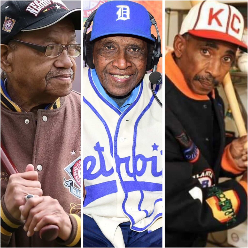 Three elderly men are shown in a collage. The left wears a brown jacket and cap, the middle in a blue Detroit cap and jersey with headphones, and the right in a black KC jacket. All are holding or near baseball-related attire or accessories.