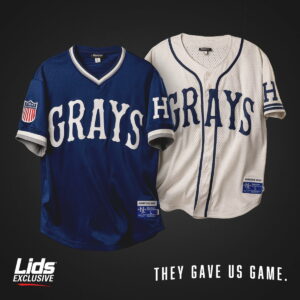 A Lids photo of two Grays jerseys, one blue with white text, one white with blue text. It says "The Gave us the game"