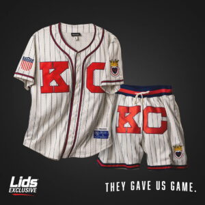 A Lids photo of a kc monarchs jersey and a kc monarchs shorts. It says "The Gave us the game"