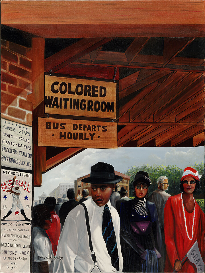 A historical painting depicts an African American man and two women in a Colored Waiting Room for a bus. The scene reflects segregation, with a baseball poster for Negro League teams on the wall. The clothing suggests an early-to-mid 20th-century setting.