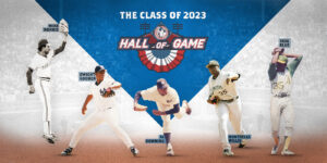 Composite image featuring baseball players Mike Norris, Dwight Gooden, Al Downing, Dontrelle Willis, and Vida Blue under The Class of 2023 Hall of Game banner. Each player is shown in a pitching pose, with a baseball field backdrop.