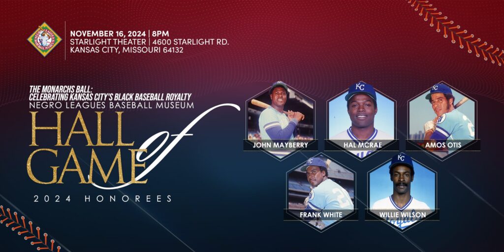 Promotional image for the 2024 Hall of Game honorees, featuring five baseball players in action shots. Event details are listed for November 16, 2024, at the Starlight Theater in Kansas City, Missouri.
