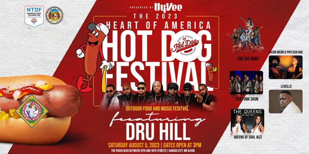 Promotional poster for the 2023 Heart of America Hot Dog Festival featuring a hot dog graphic with sunglasses and musical acts like Dru Hill and The SOS Band. Event details include date, location, and sponsors logos.