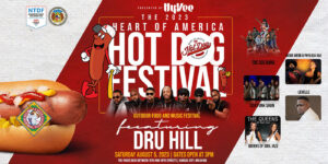 Promotional poster for the 2023 Heart of America Hot Dog Festival featuring a hot dog graphic with sunglasses and musical acts like Dru Hill and The SOS Band. Event details include date, location, and sponsors logos.