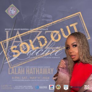 Promotional poster for a sold-out concert featuring a Grammy-winning artist. The event, presented by the Negro Leagues Baseball Museum, is scheduled for May 11, 2024, at the Gem Theater in Kansas City. Logos of sponsors are displayed.