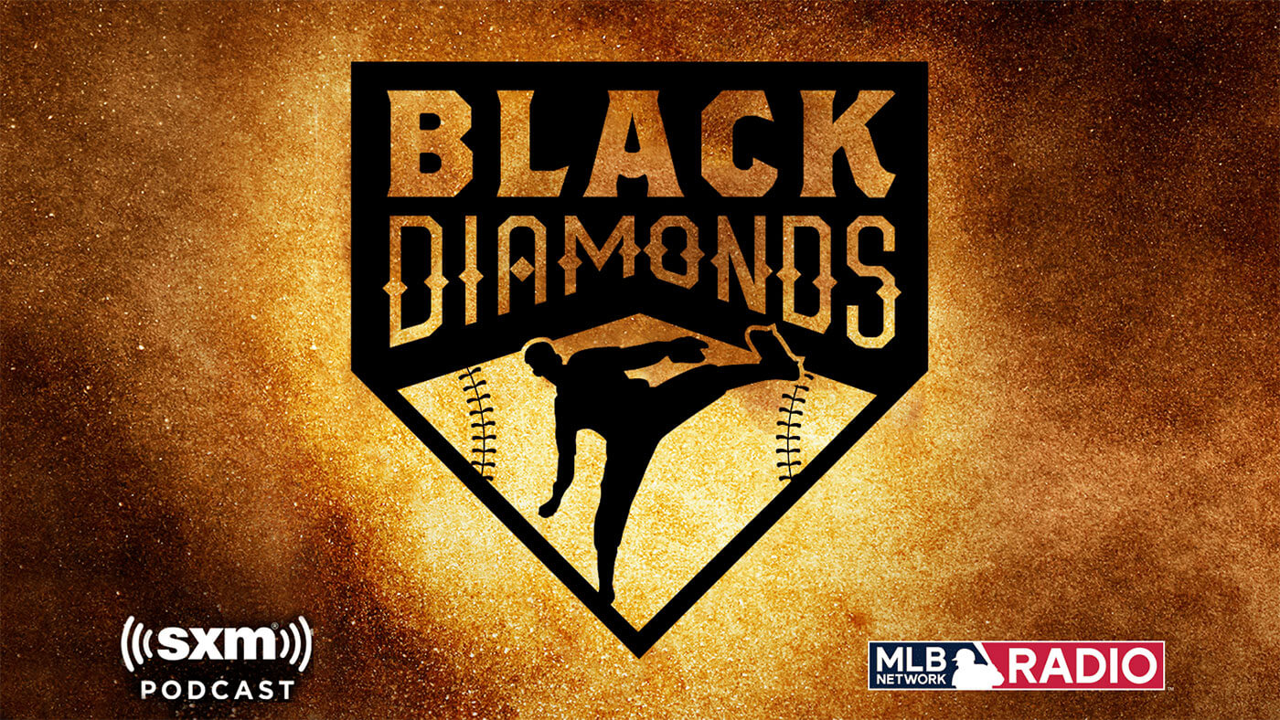 Logo for Black Diamonds podcast featuring the silhouette of a baseball pitcher in mid-throw inside a home plate graphic. Background is a golden gradient. SXM Podcast and MLB Network Radio logos are at the bottom.