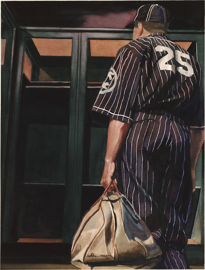 A baseball player in a pinstripe uniform with the number 25 carries a large bag, standing in front of dark lockers.