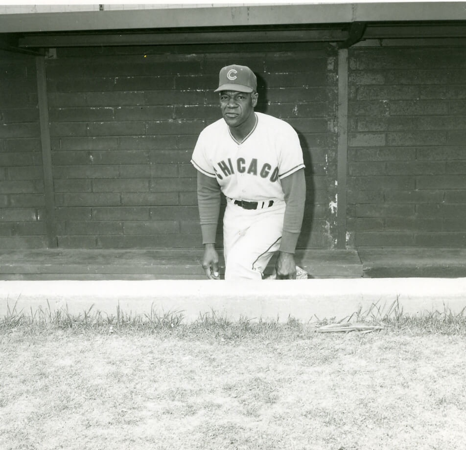 Baseball player in a Chicago uniform kneels in an open dugout.