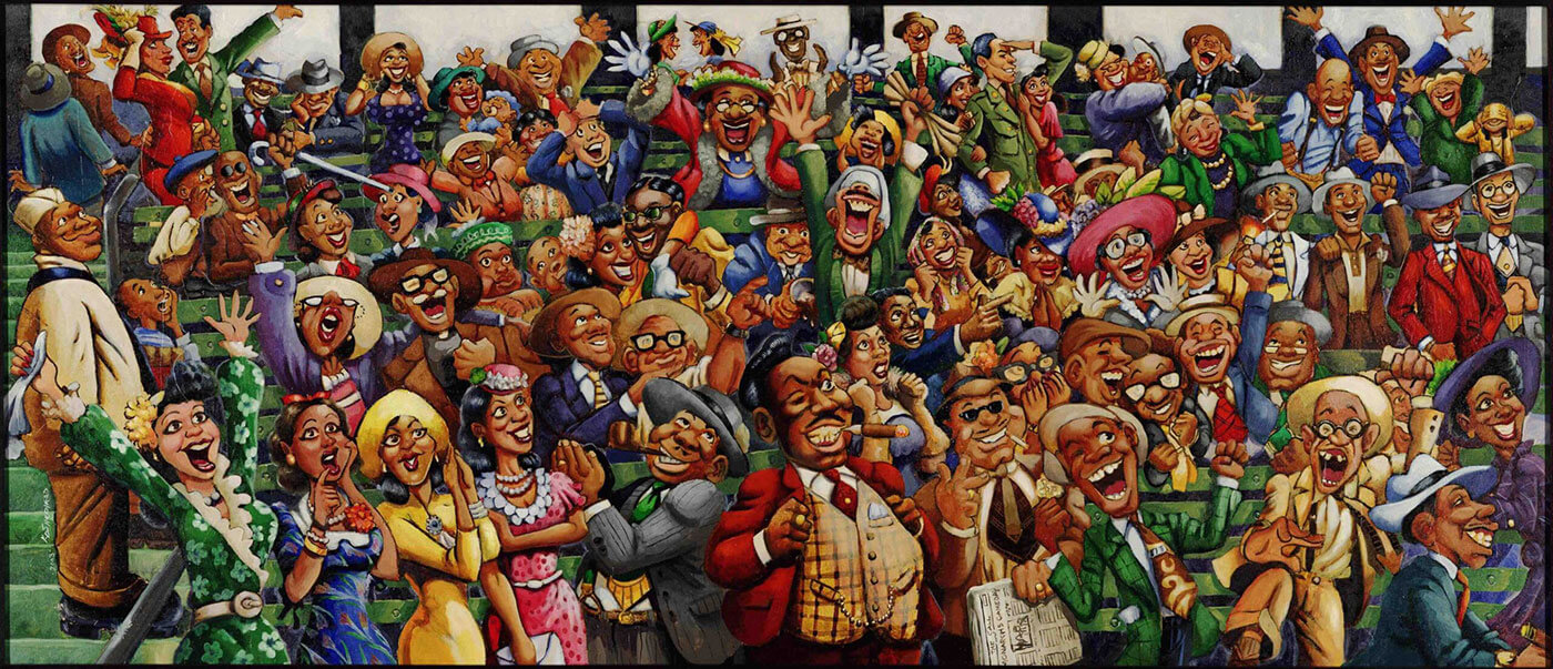 A lively and colorful crowd of people, dressed in vibrant 1920s-style clothing, cheer enthusiastically. The diverse group displays dynamic expressions and poses, filling the scene with energy and joy.