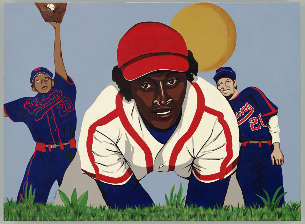 Illustration of three baseball players. The central figure is crouching with a determined expression, wearing a red and white uniform. The two players in the background are posing, one pitching and the other, wearing blue uniforms, smiling. A large sun is in the sky.