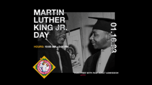 Black and white photo of two men in graduation attire, smiling at each other. Text: Martin Luther King Jr. Day, 01.16.23. Hours: 10:00 AM - 3:00 PM. Includes American Federation of Labor and Congress of Industrial Organizations logo.