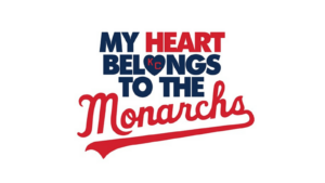 Stylized text reads, My Heart Belongs to the Monarchs in bold blue and red letters. Heart has a heart shape incorporating KC in the center. The word Monarchs is in a script style.