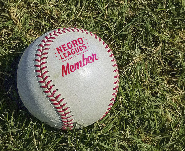 baaseball sitting grass with the Negro Leagues Baseball museum and the word "Members" printed on it