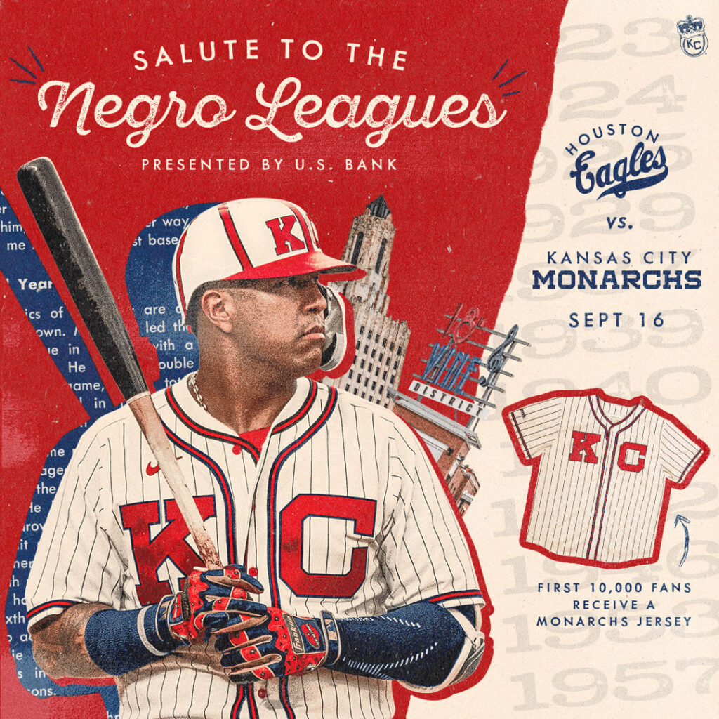 A vintage-style baseball poster showing a player in a KC Monarchs uniform holding a bat. Text reads Salute to the Negro Leagues and details a game between the Houston Eagles and Kansas City Monarchs on Sept 16. Includes promo for a Monarchs jersey giveaway.