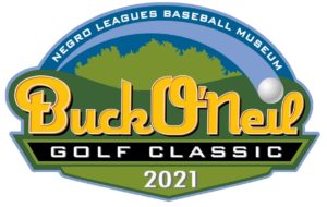Logo for the Buck ONeil Golf Classic 2021. It features the text Negro Leagues Baseball Museum at the top with a golf ball and landscape in the background.