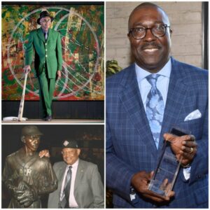 A collage of three images: Left shows a man in a green suit leaning on a baseball bat in front of colorful art. Bottom left features him next to a baseball player statue. Right displays him holding an award, wearing a blue suit and tie.