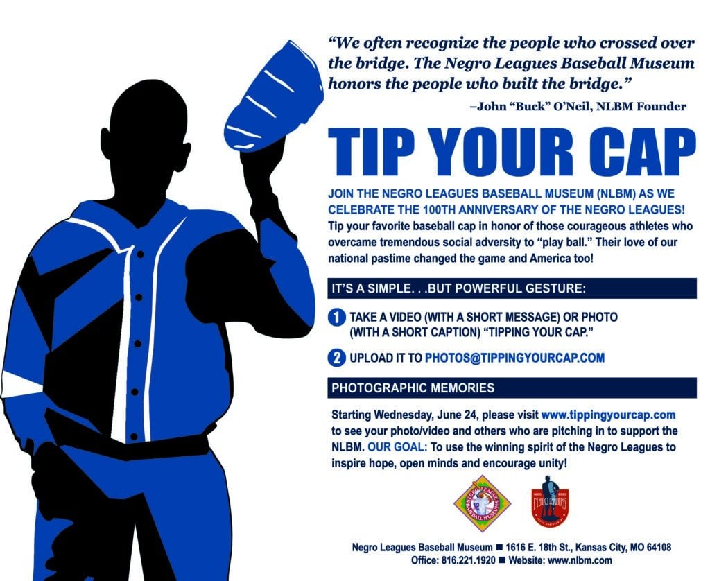 A graphic displaying Tip Your Cap 100th Anniversary of the NLB with some details on how to join.