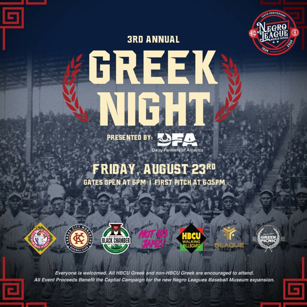 Promotional poster for the 3rd Annual Greek Night presented by Dairy Farmers of America. Event on Friday, August 23rd, with gates opening at 6 PM. Various sponsors listed at the bottom. Black and white baseball team photo in background.