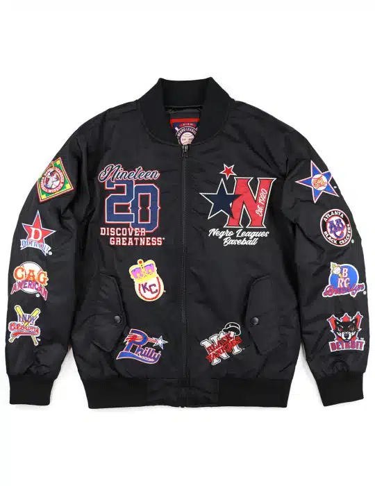 product shot of the NLBM baseball bomber jacket that is black and has patches