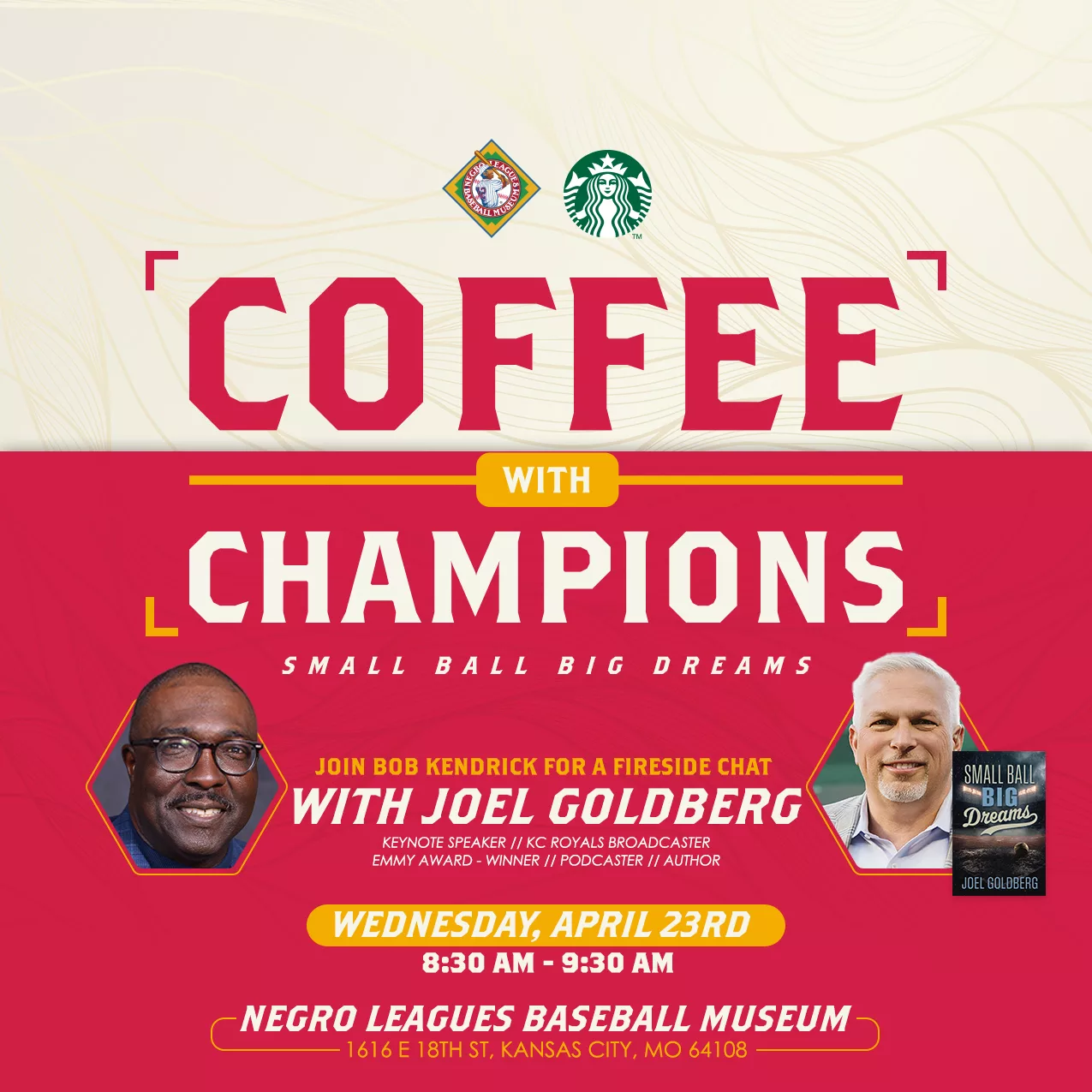 A graphic design with information highlighting the NLBM event for "Coffee with Champions" with Joel Goldberg