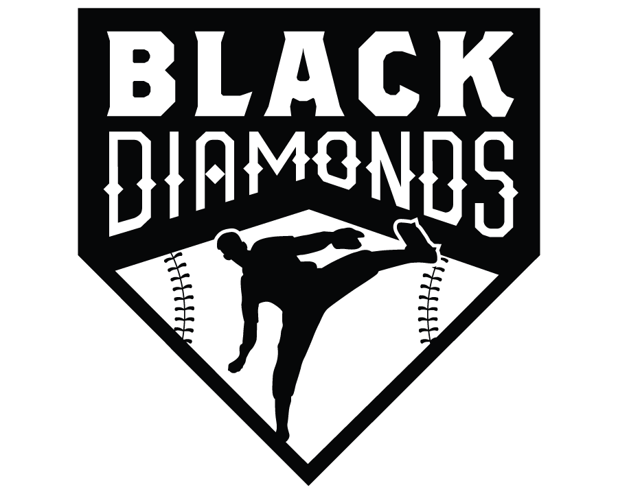 A baseball player pitching inside a shield-shaped logo with the words "Black Diamonds" above.