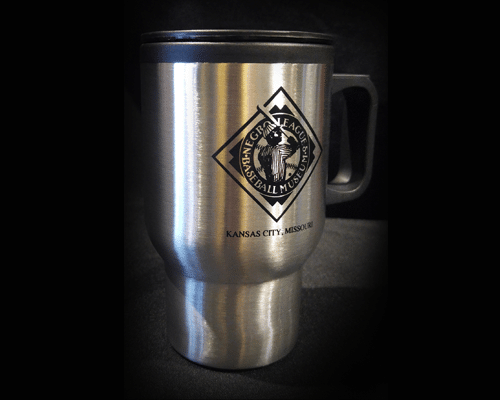Stainless steel travel mug with the Negro Leagues Baseball Museum logo and "Kansas City, Missouri" text.