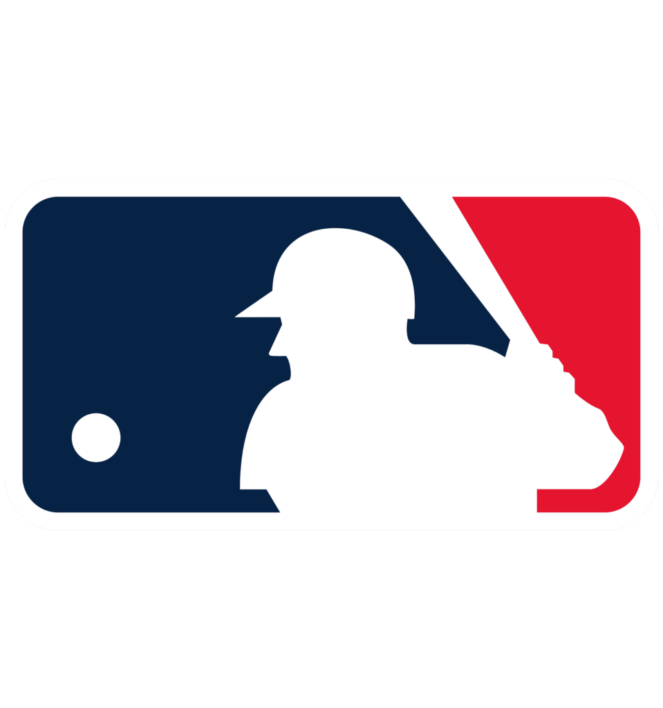MLB logo featuring a stylized silhouette of a batter in white against a red and blue background, with a white baseball on the left.