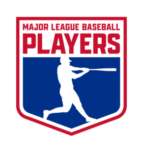 Logo of Major League Baseball Players features a white silhouette of a batter in mid-swing on a blue and red shield background.