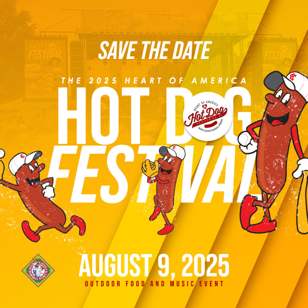 Save the date announcement for the 2025 Heart of America Hot Dog Festival on August 9, 2025, featuring dancing cartoon hot dogs and event details on an orange background.