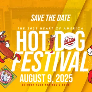 Save the date announcement for the 2025 Heart of America Hot Dog Festival on August 9, 2025, with cartoon hot dogs and Kansas City Monarchs Baseball Hall of Fame logo.