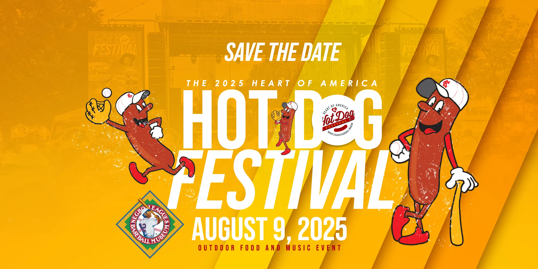 Save the date announcement for the 2025 Heart of America Hot Dog Festival on August 9, 2025, with cartoon hot dogs and Kansas City Monarchs Baseball Hall of Fame logo.