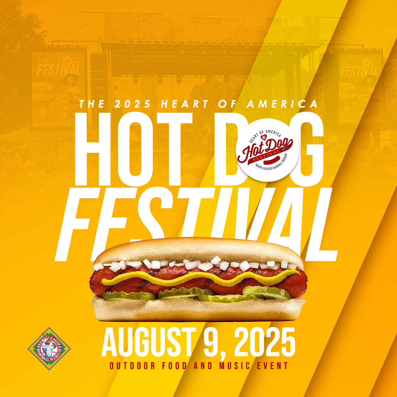 Promotional graphic for the 2025 Heart of America Hot Dog Festival on August 9, 2025, featuring a hot dog and event details over a yellow background.