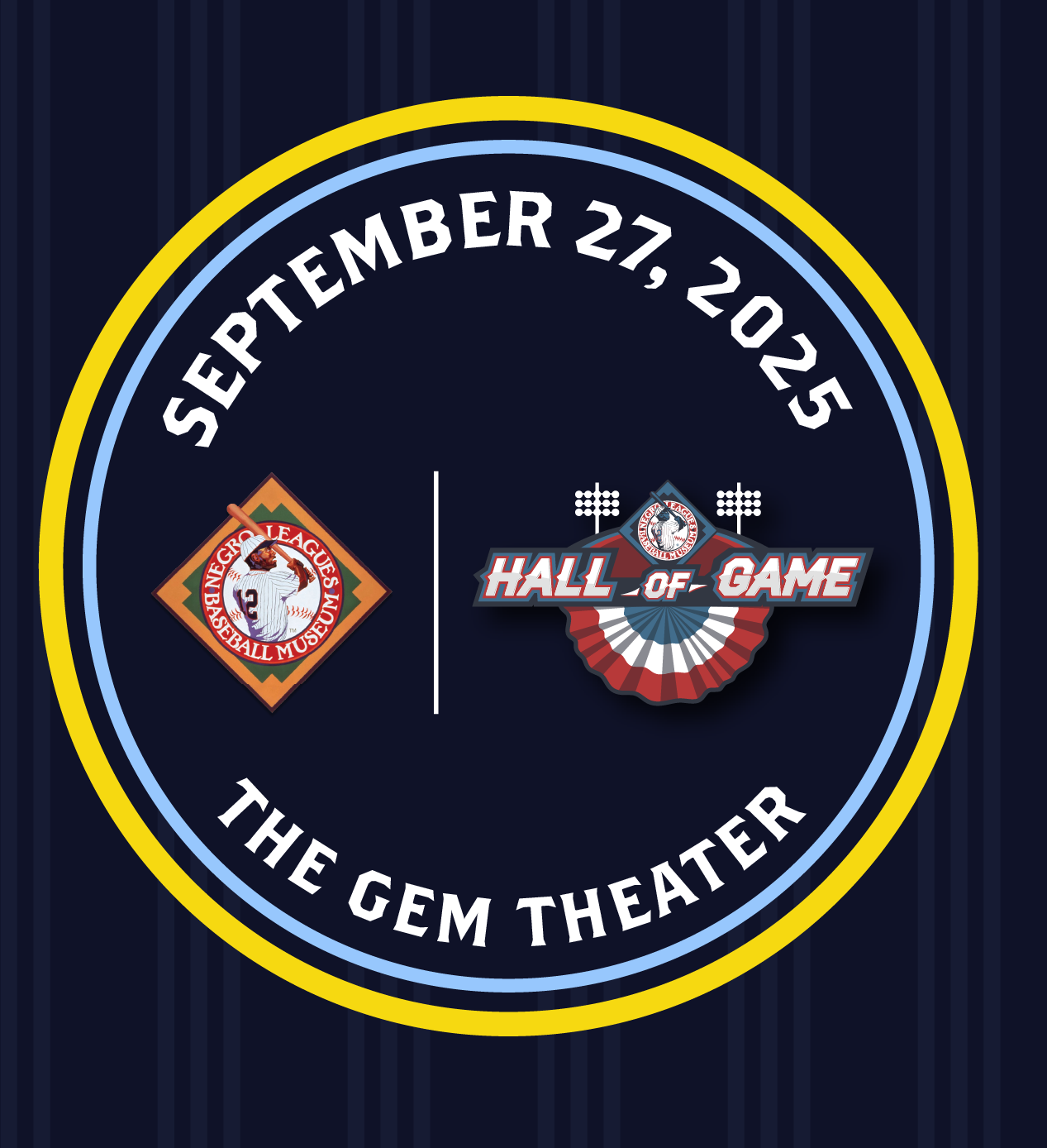 Dark blue graphic with “Save the Date” text and a circular badge showing: “September 27, 2025, The Gem Theater,” plus two logos for Womens Baseball and Hall of Game.