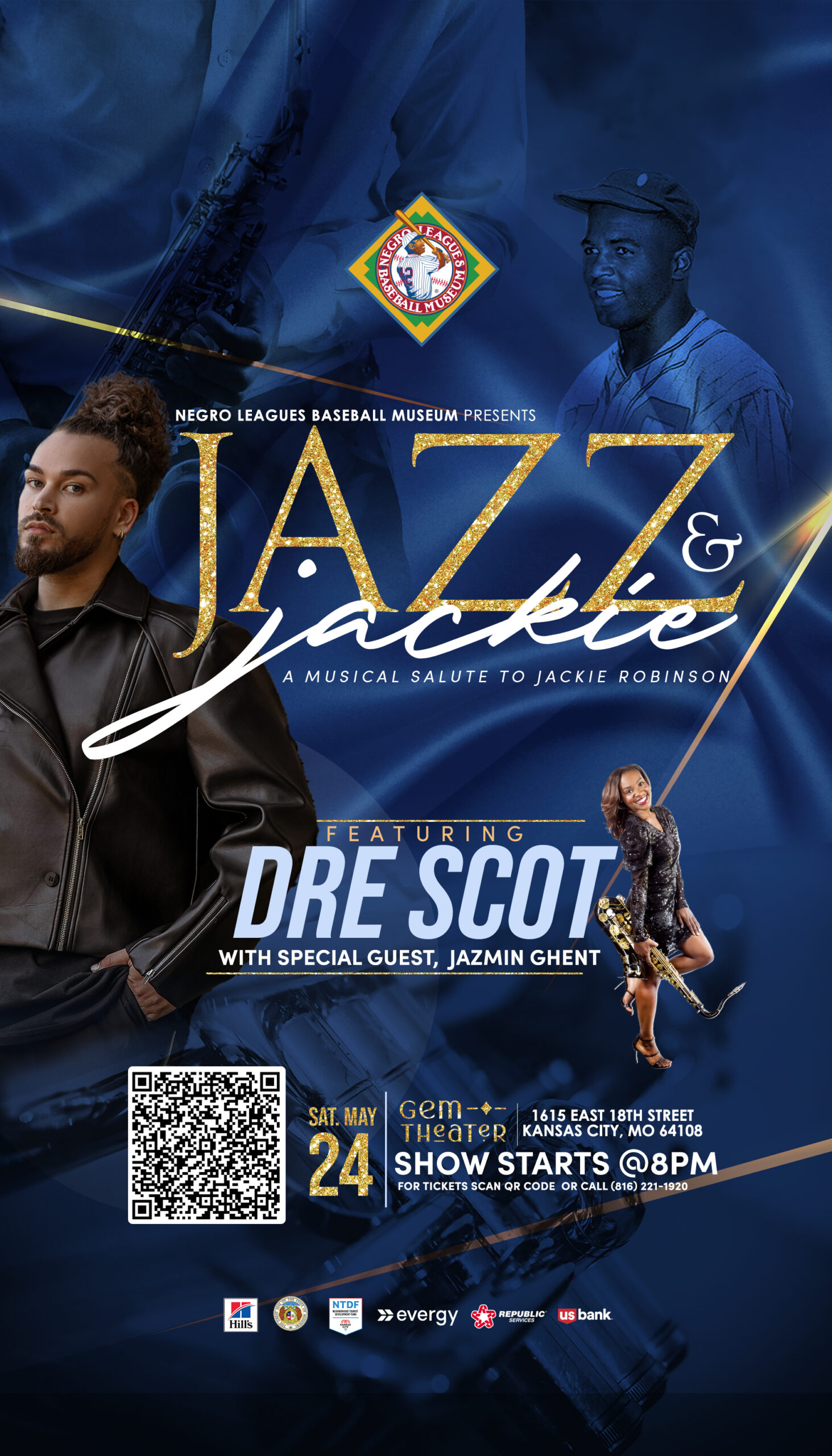 Event poster for "Jazz & Jackie," a musical salute to Jackie Robinson, featuring Dre Scot and Jazmin Ghent, on May 24 at the Gem Theater in Kansas City, MO, starting at 8 PM.