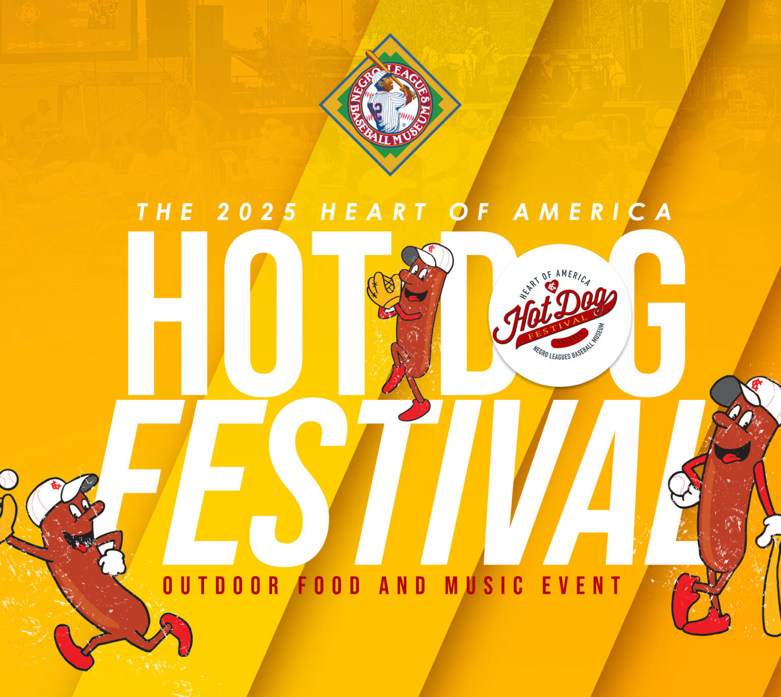 Hot Dog Festival 2025 promotional poster with cartoon hot dogs, event logo, and "Save the Date: August 9, 2025" highlighted.