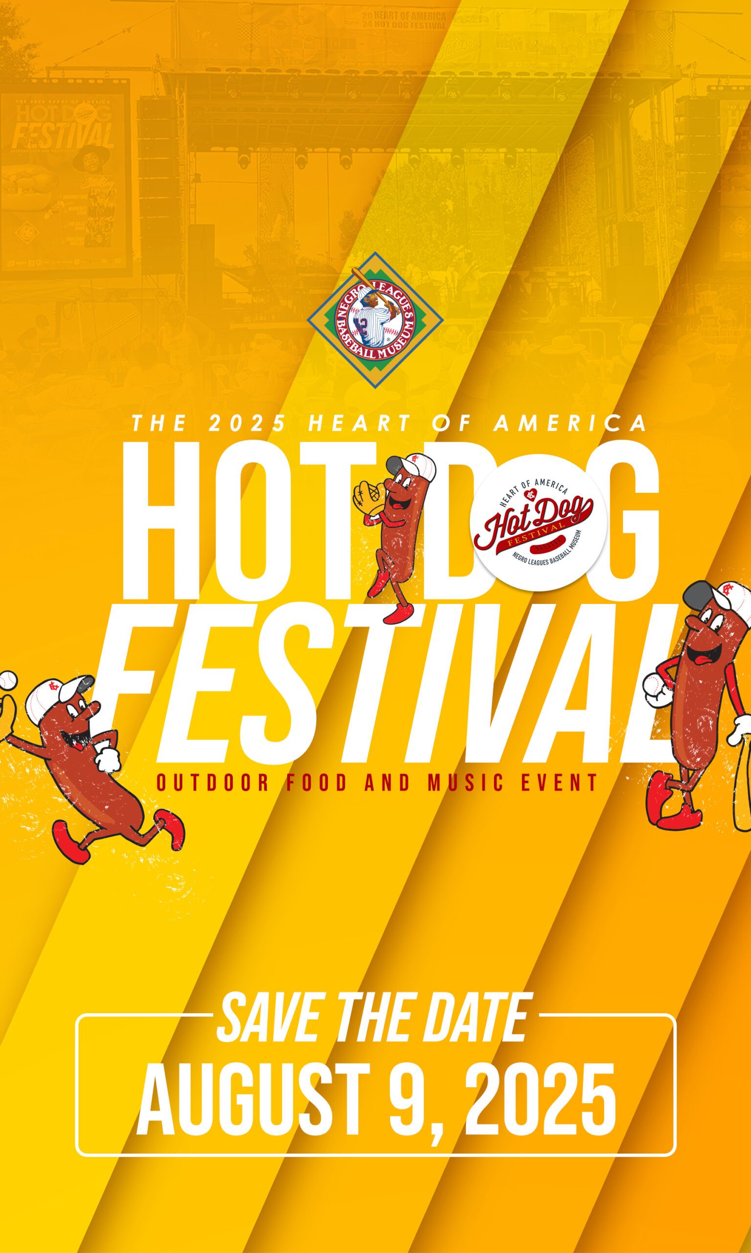Hot Dog Festival 2025 promotional poster with cartoon hot dogs, event logo, and "Save the Date: August 9, 2025" highlighted.