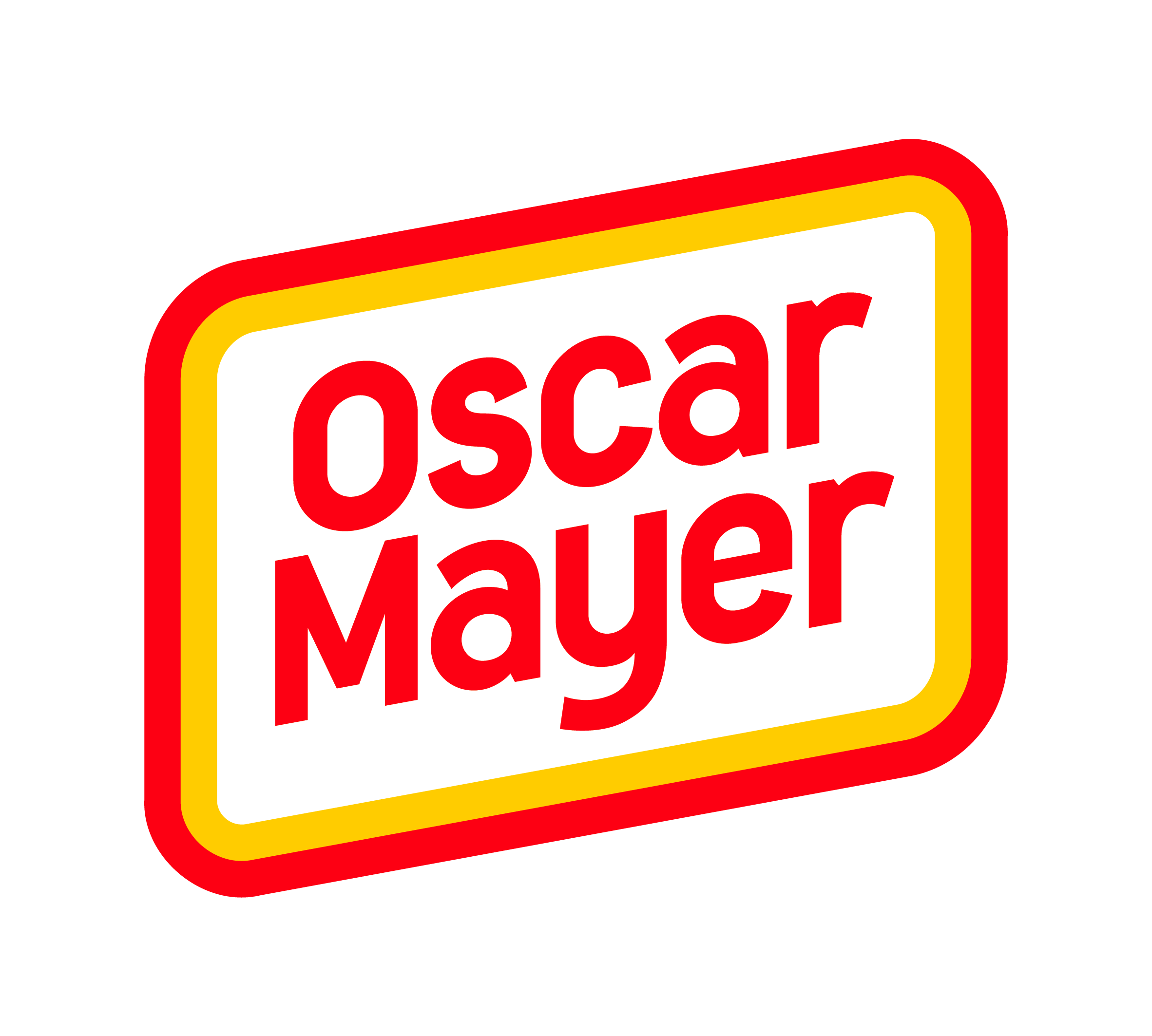 The Oscar Mayer logo features bold red text with a yellow and red border on a white background, slightly angled.