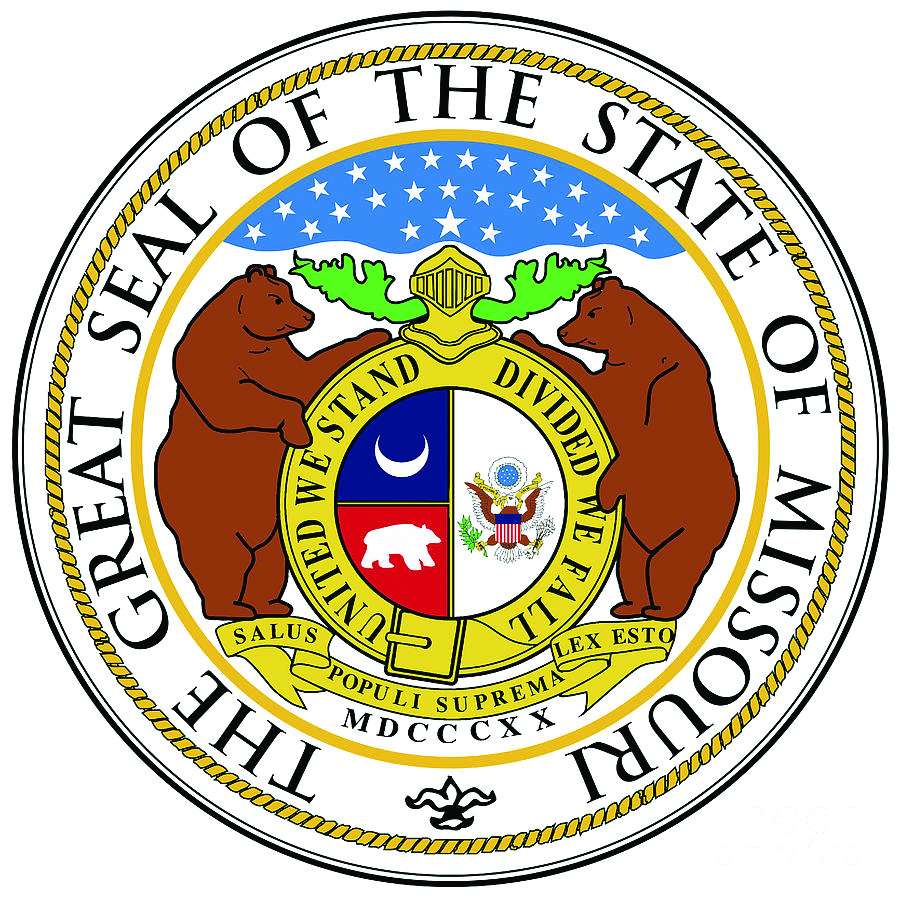 The Great Seal of Missouri featuring two bears, a shield with various symbols, a starry background, and the motto "United We Stand, Divided We Fall" within a circular border.