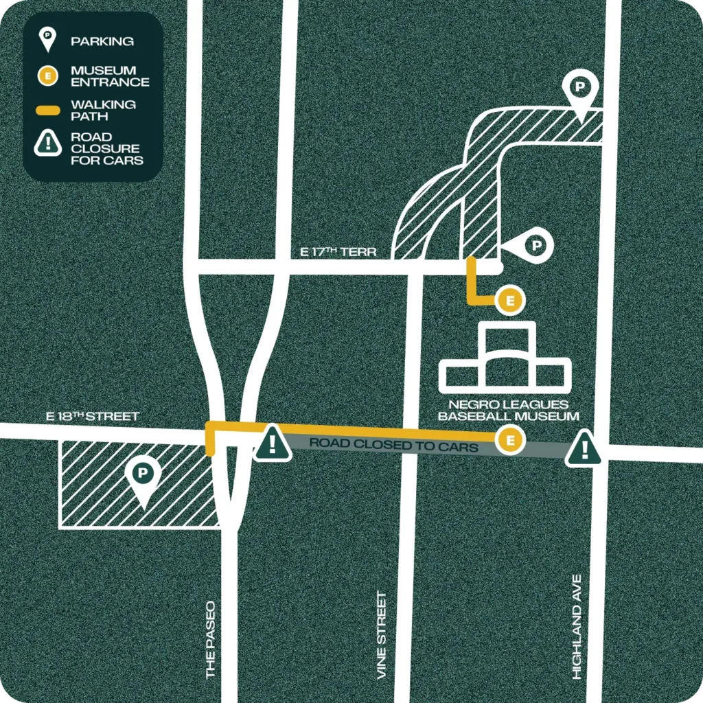 Map showing the area around the Negro Leagues Baseball Museum with key details for visitors. Two parking locations are marked with 'P' icons—one to the northwest at E 18th Street and The Paseo, and another to the northeast off E 17th Terrace. Walking paths are highlighted in yellow, leading from each parking area to museum entrances marked with an 'E' icon. A section of road along E 18th Street, between The Paseo and Highland Ave, is marked as closed to cars with caution icons. The layout helps guide pedestrian access due to this closure.